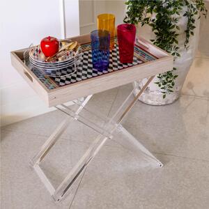 Pliant in cristallo acrilico pieghevole con vassoio in legno FOULARD DECOR dimensioni 57,5x41xh59,5 cm - 15 mm spessore plexiglas trasparente