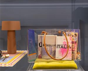 Portariviste, Shop Bag contenitore porta oggetti in plexiglas SMALL Decoro ETHNIC 20x14x h12 cm colore multicolor manici ecopelle