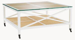 Tavolino da salotto con ruote in legno di mogano con piano in vetro e ripiano in rattan Bahamas