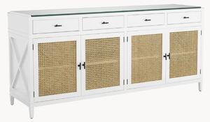 Credenza in legno di mogano e rattan con piano in vetro Bahamas