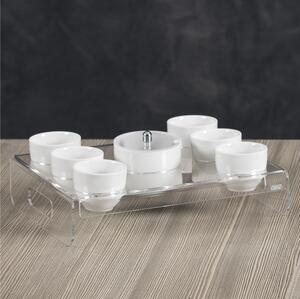 Vassoio porta tazzine in cristallo acrilico, 4 tazzine e Zuccheriera Linea LIKE WATER 29x17xh10,5 cm, tazzine e zuccheriera in porcellana bianca