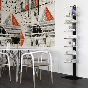Libreria da terra moderna con struttura in acciaio e ripiani in plexiglass Tempus 39x34xh175 cm base e asta centrale Nero e metacrilato