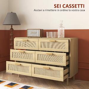HOMCOM Cassettiera 6 Cassetti in Truciolato e Rattan per Soggiorno e Camera da Letto, 110x40x75 cm
