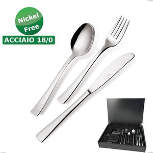 Servizio di posate 24 pezzi in astuccio di legno coltello economico Alfa 18/0 nichel free, (Acciaio 18/ C) Nichel Free, spessore 2 mm