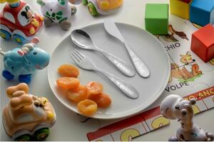 Set Pappa per bambini in acciaio inox 18/0 Birillo - Il Piccolo Principe + DI 18 MESI finitura inox lucida in scatola serigrafata
