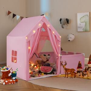 Costway Tenda da gioco per bambini 2 in 1 con recinto e giardino casa gioco, Tenda gioco con luci a stelle e tappetino in cotone lavabile Rosa