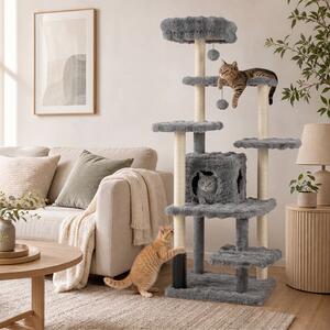 Costway Albero per gatti da interno 4 piattaforme di salto cuccia palo avvolto in sisal e base ampia, Tiragraffi per gatti con posatoio per gattini Grigio