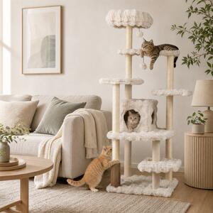 Costway Albero per gatti da interno 4 piattaforme di salto cuccia palo avvolto in sisal e base ampia, Tiragraffi per gatti con posatoio per gattini Beige