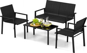 Set di 4 mobili da giardino in vimini con robusta struttura in metallo zincato, gruppo di sedute per esterni con tavolino in vetro temperato, nero