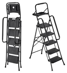 Scala a pioli/scala domestica - 5 gradini Scala pieghevole - Con ripiano porta attrezzi - Corrimano su entrambi i lati - Scala di sicurezza - Portata 272 kg - Nero