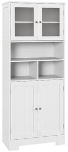 HOMCOM Credenza Cucina con 2 Armadietti e 3 Vani Aperti, Ante a Vetro e Ripiani Regolabili, 60x30x145.5 cm, Bianco | Aosom Italy
