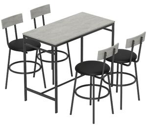 HOMCOM Set Tavolo Alto e 4 Sgabelli da Bar con Schienale e Poggiapiedi in Stile Industriale, Grigio Cemento | Aosom Italy