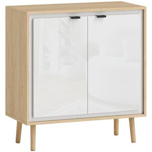 HOMCOM Credenza Moderna a 2 Ante con Ripiano Regolabile, 72x35x77 cm, Bianco Lucido e Rovere | Aosom Italy