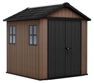 Newton + 757/775 - Casetta da Giardino 223x246x230 cm 2 Ante per deposito attrezzi finitura effetto legno Evotech+ in Resina Marrone e Nero