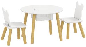 AIYAPLAY Set con Tavolo e 2 Sedie per Bambini con Schienale a Orsetto, Tavolino con Vano Contenitore, Bianco | Aosom Italy