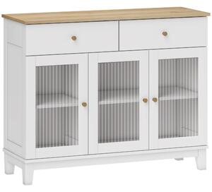 HOMCOM Credenza Cucina con 2 Armadietti e 2 Cassetti, Ante in Vetro Temperato Scanalato, Credenza Buffet Soggiorno con e Ripiani Regolabili, per Sala da Pranzo, 100x35x80.3 cm, Bianco e Rovere | Aosom Italy