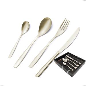 Confezione vetrina 24 pezzi Eleven PVD Champagne, acciaio 18/10 sabbiato, spessore 2.5 mm, pvd champagne