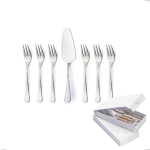 Confezione a libro 7 pezzi, forchettine pi� paletta dolce Impero Argento 8 micron, Acciaio inox Aisi 304 Finitura Argentata, spessore argento 8 micron, spessore posata 3 mm