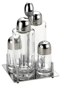 Oliera Base quadrata JOINT in acciaio lucido con ampolle in vetro e tappo salvagoccia