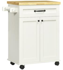 HOMCOM Carrello da cucina a rotelle multi-ripiani 1 cassetto 1 armadio 1 portasciugamani bianco e piano in legno