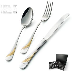 Set Posate MILANO INCISO ORO 75 pezzi in acciaio 18/10 lucidate a specchio spessore 2,5 mm in Astuccio Legno