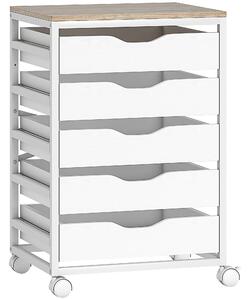 HOMCOM Mobiletto da ufficio su ruote in legno con 5 cassetti, maniglie incassate, 50 x 40 x 74,5 cm, bianco | Aosom Italy