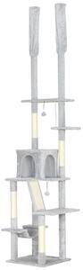 PawHut Albero Tiragraffi a Soffitto con Altezza Regolabile 225-255 cm con Casetta e Amaca, Grigio Chiaro | Aosom Italy
