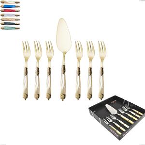 Confezione vetrina 7 pezzi, forchettine pi� paletta dolce Mirage Perlato Tin gold, acciaio 18.10 con finitura pvd dorata colorato, manici in metacrilato