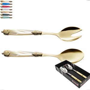 Confezione vetrina 2 pezzi insalata Mirage Perlato Tin gold, acciaio 18.10 con finitura pvd dorata colorato, manici in metacrilato