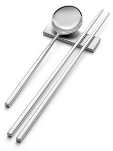 Set KYOTO SUSHI in acciaio 18.10 forgiato accoglie 3 posate ,Chopstick 250 mm , Cucchiaio 183 mm finitura inox lucido pi� poggia posate- posate