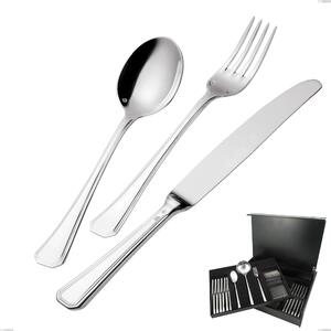 Servizio di posate 75 pezzi in astuccio di legno Savoia Argentato 3 mm spessore argento 25 micron, Acciaio inox 18/10 (AISI304) Argento 25 micron, spessore 3 mm