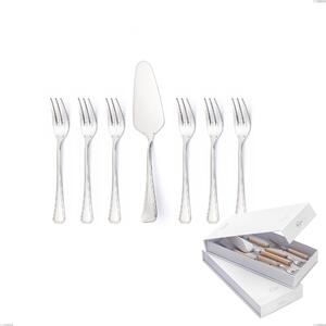 Confezione a libro 7 pezzi, forchettine pi� paletta dolce Savoia Argento 8 micron, Acciaio inox Aisi 304 Finitura Argentata, spessore argento 8 micron, spessore posata 3 mm