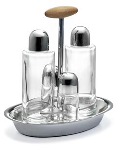 Oliera Base Ovale Linea Apollo in acciaio lucido con ampolle in vetro e tappo salva goccia manico in legno