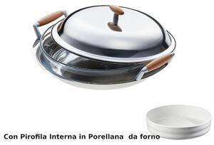 Risottiera rotonda Rotonda con Apollo � 30 cm con Pirofila In Porcellana , finitura inox Lucido manicatura in legno finitura lucida