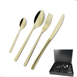 Servizio di posate 24 pezzi in astuccio di legno Venice Tin Gold, Acciaio Inox 18-10 trattamento pvd oro, spessore 4 mm