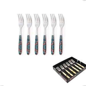 Confezione vetrina 6 pezzi forchette dolce vero damasco, acciaio 18.0 nickel free, manicatura pbt sublimato acciaio lucido