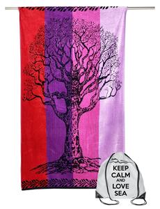 TELO MARE in spugna puro cotone ALBERO DELLA VITA ROSSO e VIOLA misura grande cm. 90 X 170 e zaino spiaggia