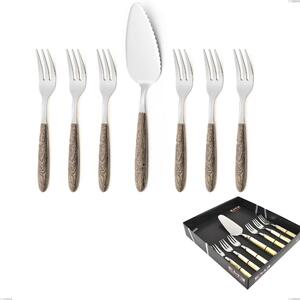 Confezione vetrina 7 pezzi, forchettine pi� paletta dolce vero larice, acciaio 18.0 nickel free, manicatura pbt sublimato acciaio lucido
