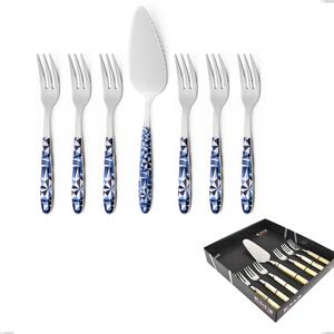 Confezione vetrina 7 pezzi, forchettine pi� paletta dolce vero triangle, acciaio 18.0 nickel free, manicatura pbt sublimato acciaio lucido