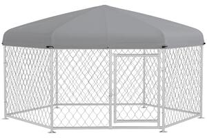 PawHut Recinto per Cani Taglia Grande con Tetto in Tessuto Oxford Anti UV, 2.1x1.85x1.5m, Argento e Grigio|Aosom