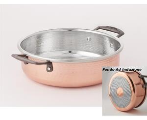 Casseruola Bassa in rame ad Induzione con due manici � 28xh9,5 cm - 5,8 Lt realizzata in rame massiccio martellato