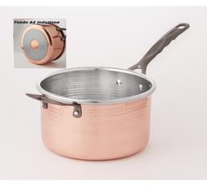 Casseruola Alta in rame ad Induzione con un manico � 16xh10cm - 2,0 Lt realizzata in rame massiccio martellato