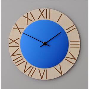 Orologio da parete Ettore rotondo diametro 26 cm , in faggio con calotta in MDF colorata , numeri romani colore quadrante blu
