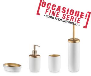 Set da bagno 4 pezzi in resina colore BIANCO-ORO portasapone. bicchiere, dispenser e portascopino