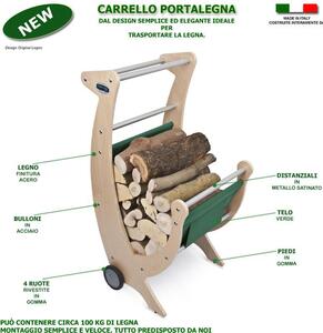 Carrello Portalegna 50x50h100 cm in legno con ruote , telo verde