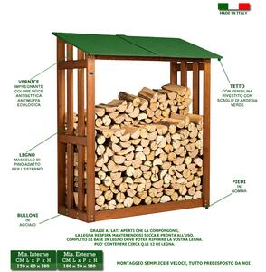 Portalegna Legnaia in legno con Tettino 180x70xh 180 Cm contenuto legna 12 quintali tettino verde