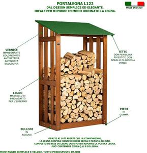 Portalegna Legnaia in legno con Tettino 122x70xh 180 Cm -contenuto legna 8 quintali tettino verde
