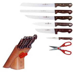 Ceppo in Legno con 6 coltelli e Forbici da cucina 23x14xh21 cm