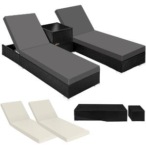 Tectake 2 lettini prendisole in rattan con telaio in alluminio, tavolo e telo protettivo - nero