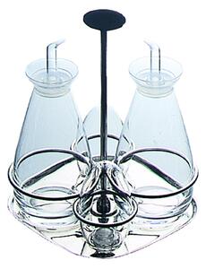 Oliera Base quadra GRAND HOTEL 4 PZ 22X18,6xh22 cm in acciaio lucido con ampolle in vetro 30 cl e tappo salva goccia
